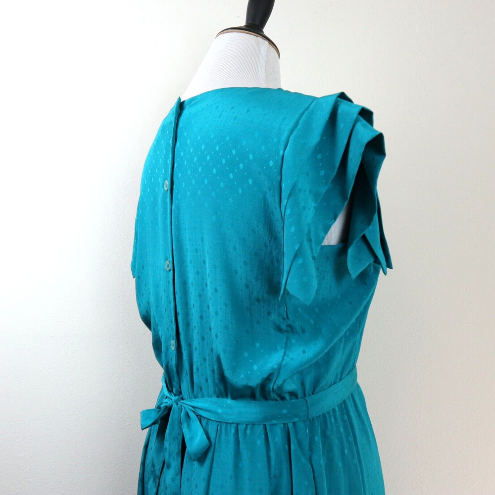 Vintage 1980s Sunshine Alley Size 12 Ruffle Sleeve Dress Teal Satin - Picture 5 of 10